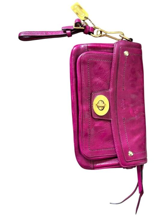 Coach Handbags - Coach, 6in x 11 in x1.25 inches Hampton Lindsey Magenta Leather Turn Lock Clutch